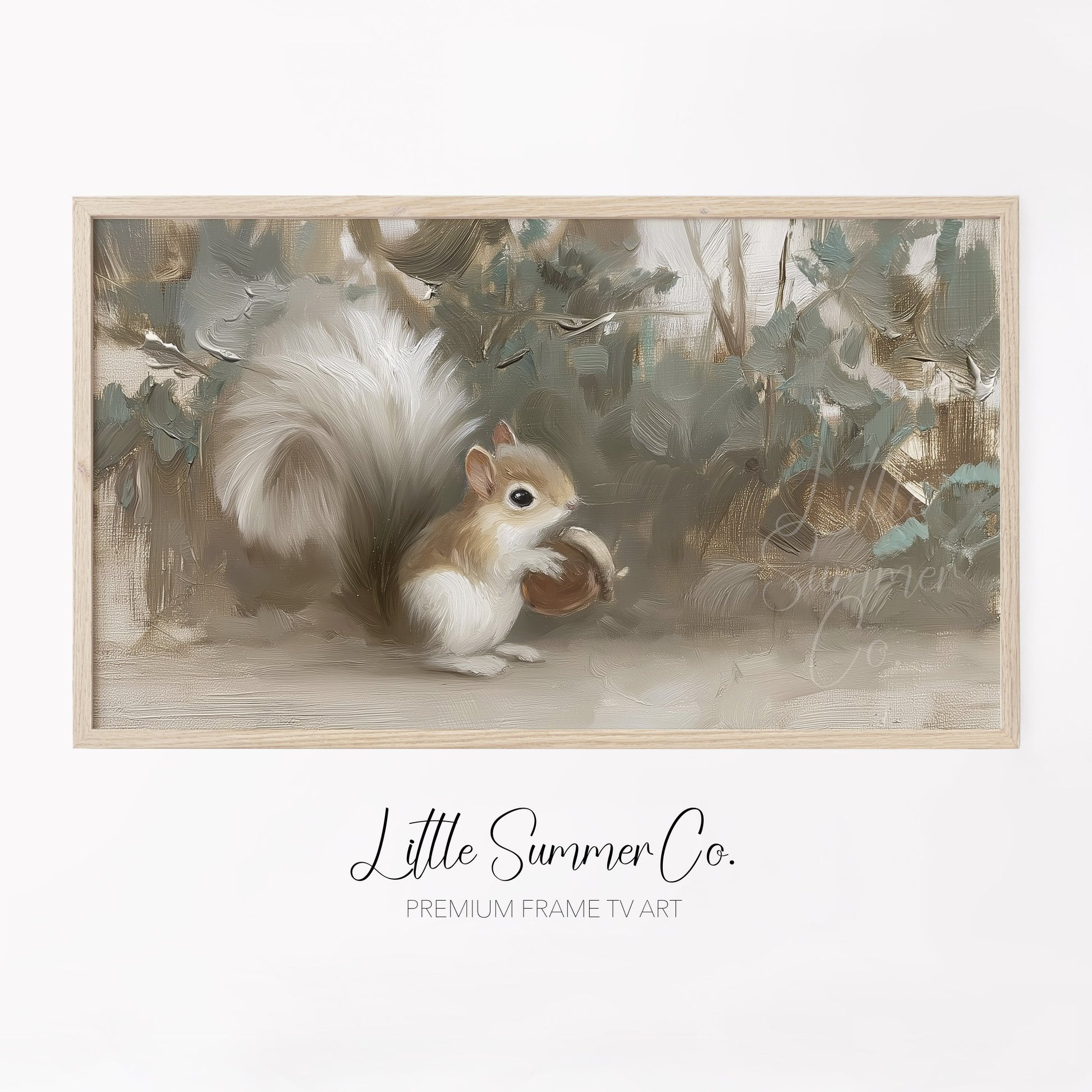 White Squirrel Holding Acorn Frame TV Art displayed on a TV