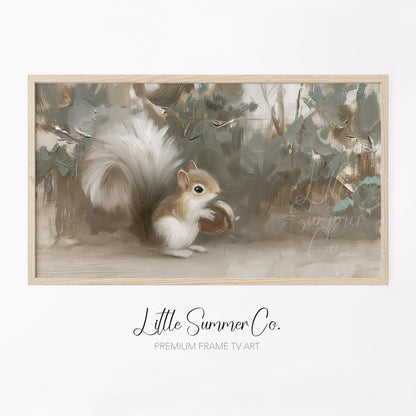White Squirrel Holding Acorn Frame TV Art displayed on a TV