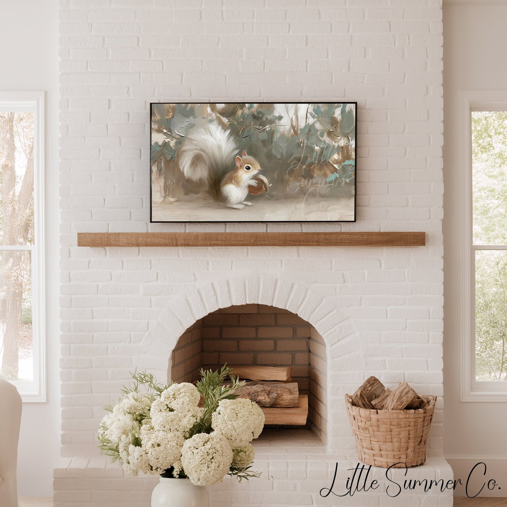 White Squirrel Holding Acorn Frame TV Art displayed on a TV