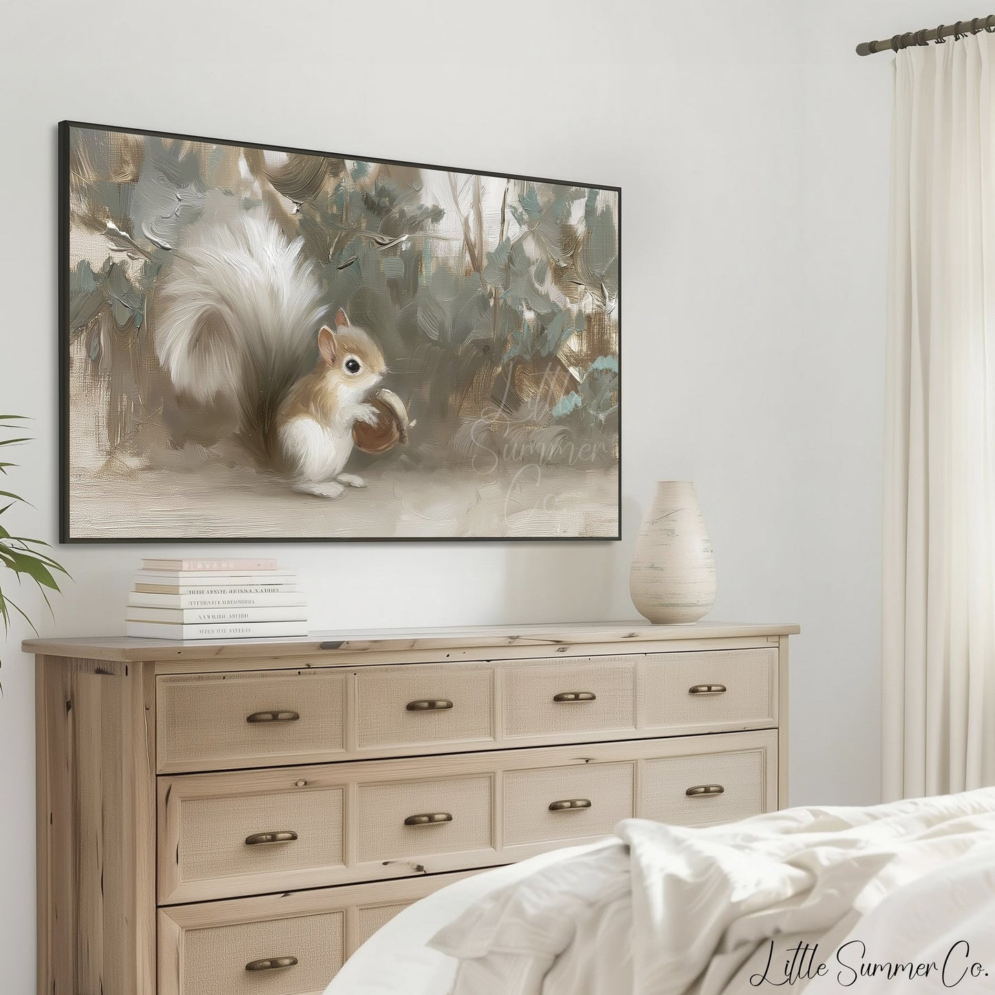 White Squirrel Holding Acorn Frame TV Art displayed on a TV