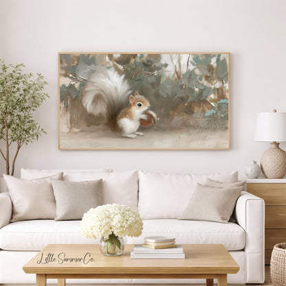 White Squirrel Holding Acorn Frame TV Art displayed on a TV