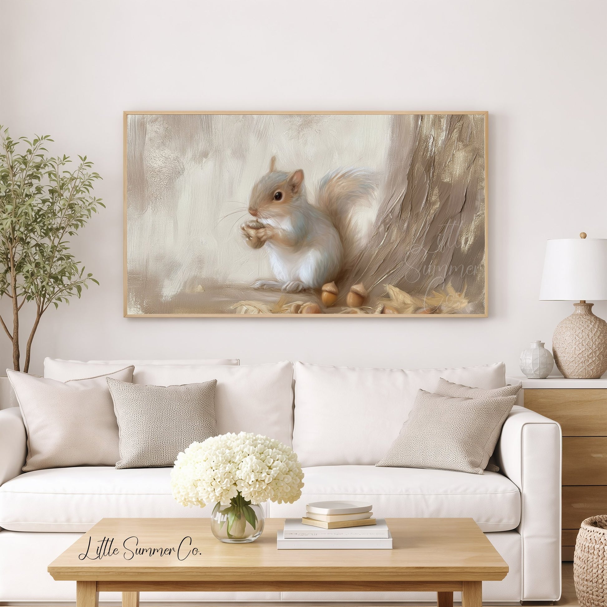 Squirrel With Acorns Frame TV Art displayed on a TV