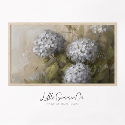 White Hydrangea Bloom Close-Up Frame TV Art displayed on a TV