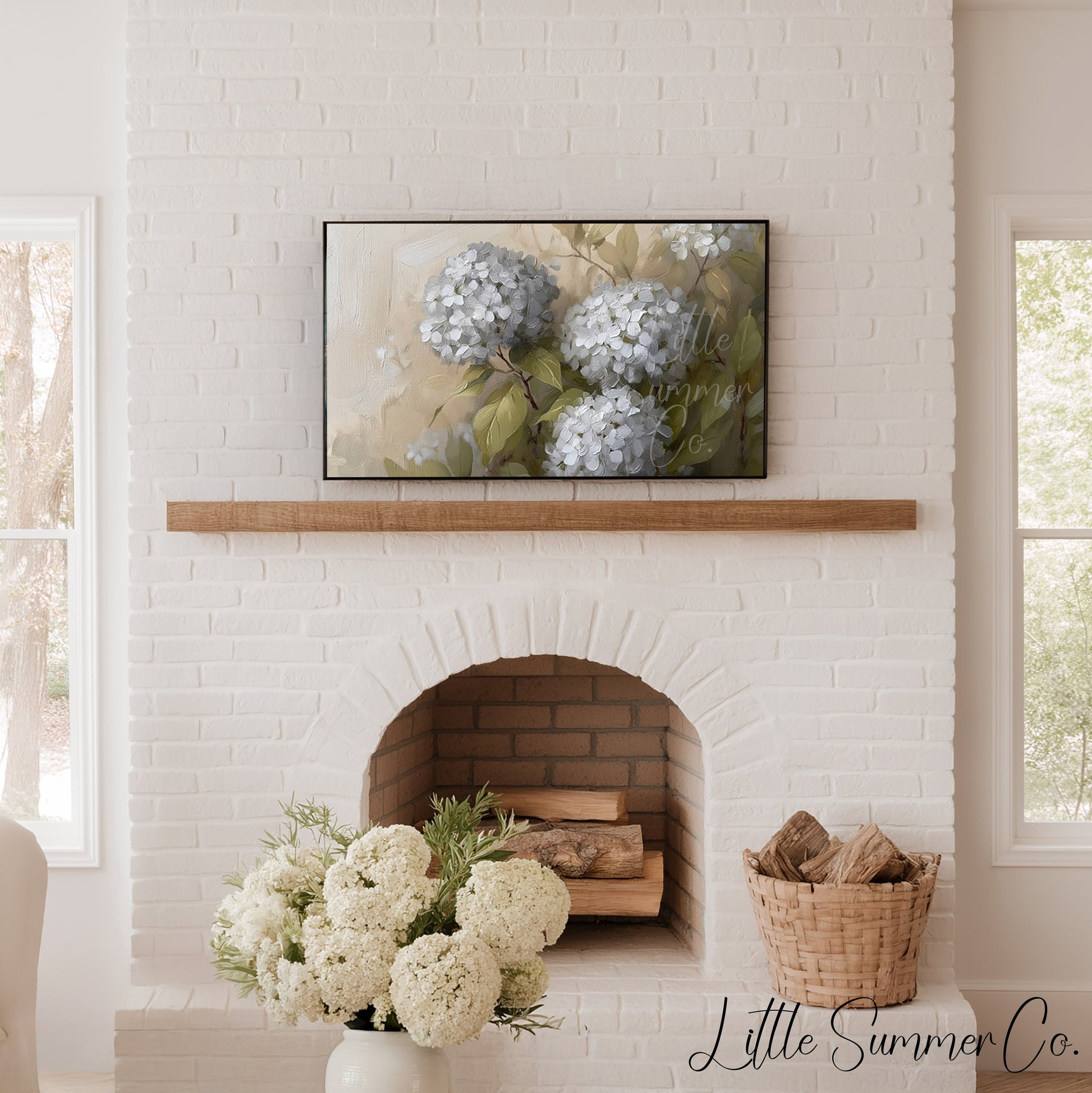 White Hydrangea Bloom Close-Up Frame TV Art displayed on a TV