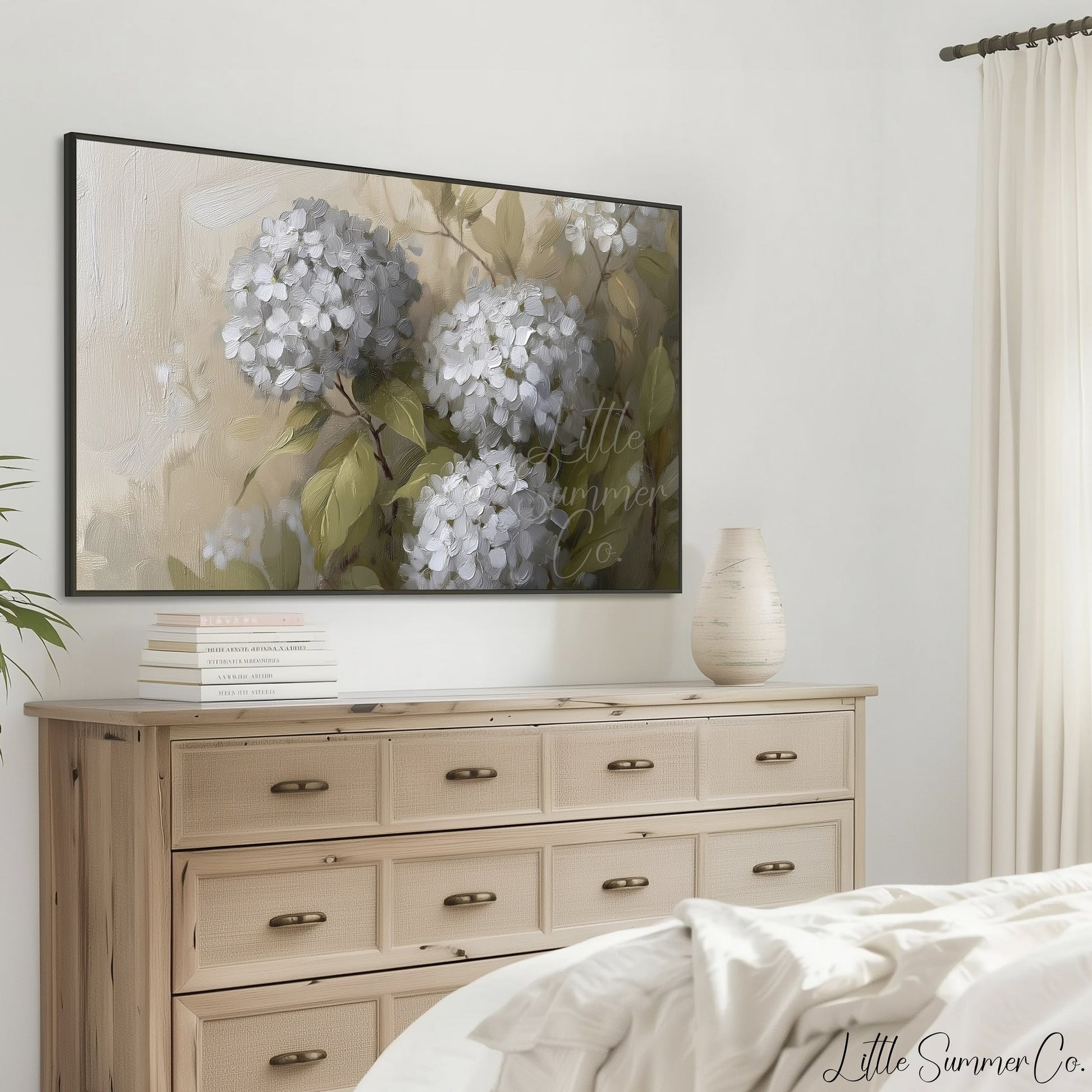 White Hydrangea Bloom Close-Up Frame TV Art displayed on a TV