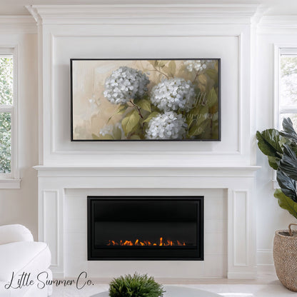White Hydrangea Bloom Close-Up Frame TV Art displayed on a TV