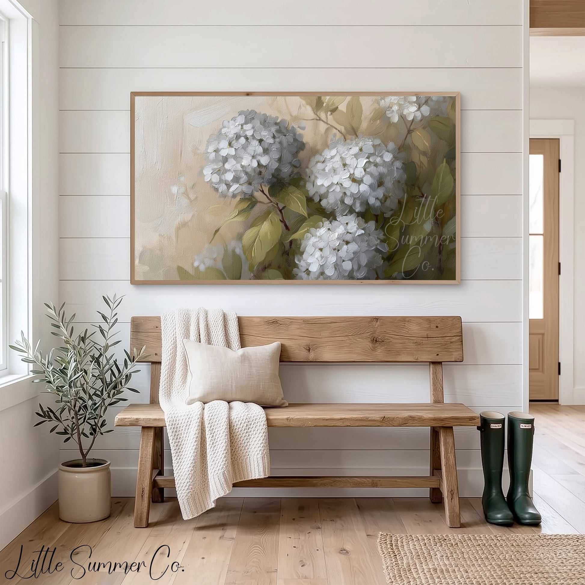 White Hydrangea Bloom Close-Up Frame TV Art displayed on a TV