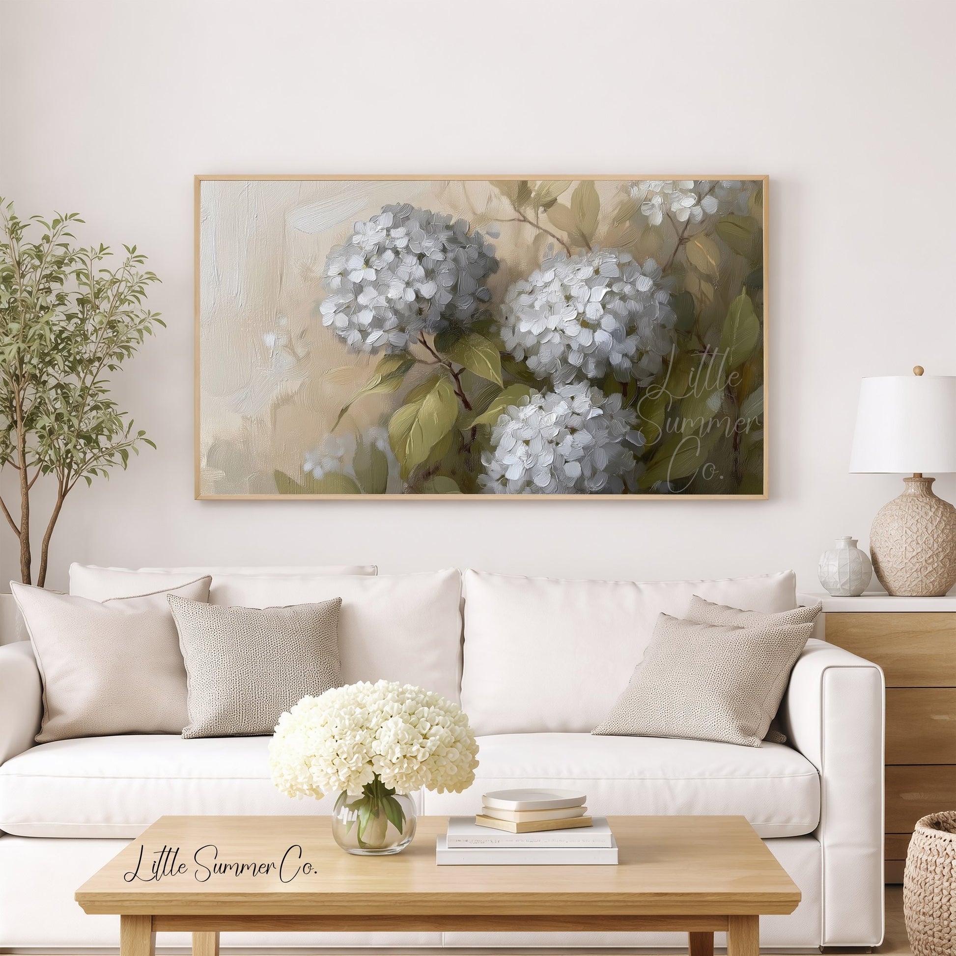 White Hydrangea Bloom Close-Up Frame TV Art displayed on a TV