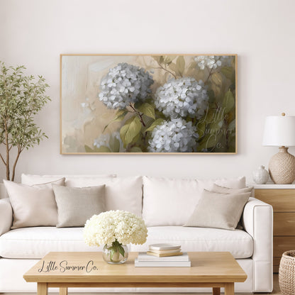 White Hydrangea Bloom Close-Up Frame TV Art displayed on a TV