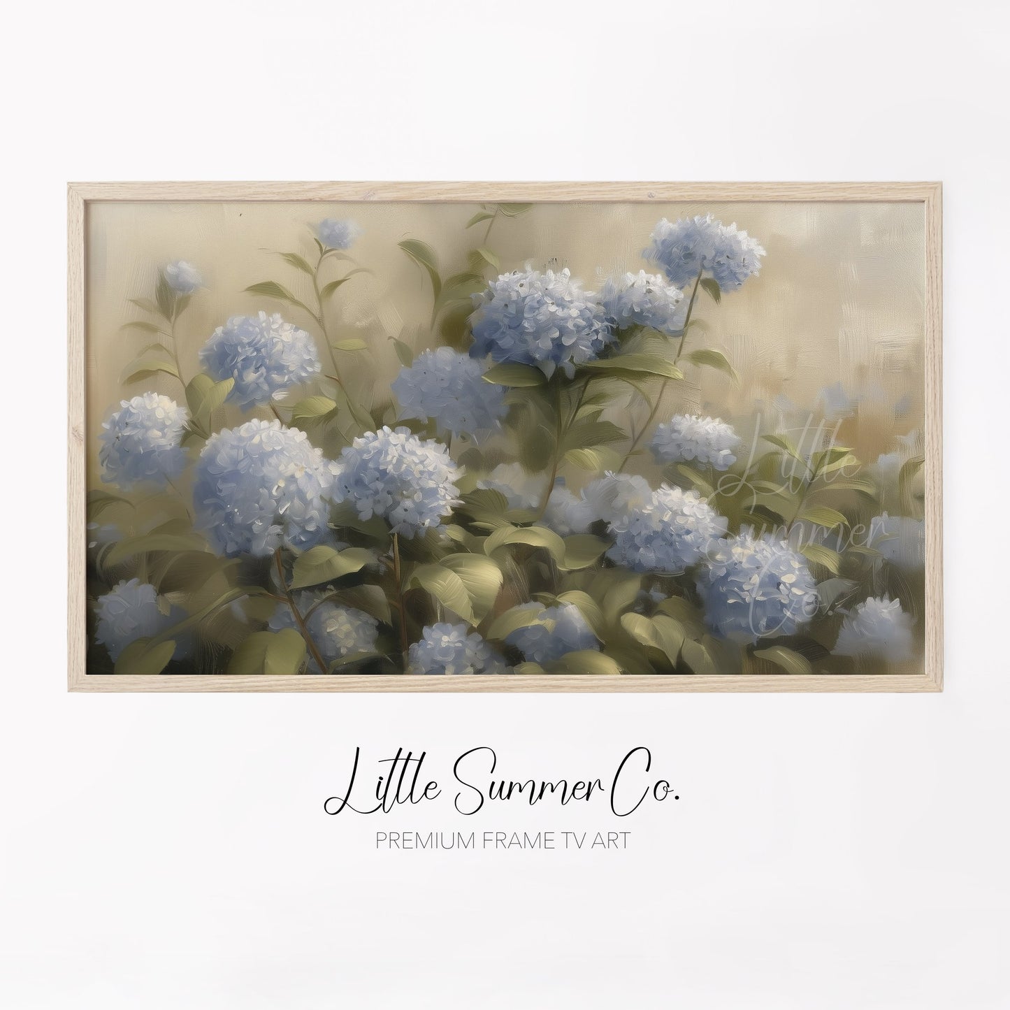 Blue Hydrangea Garden Blooms Frame TV Art displayed on a TV