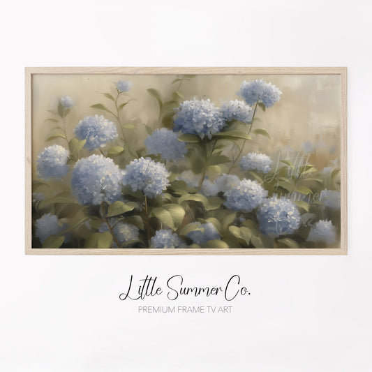 Blue Hydrangea Garden Blooms Frame TV Art displayed on a TV