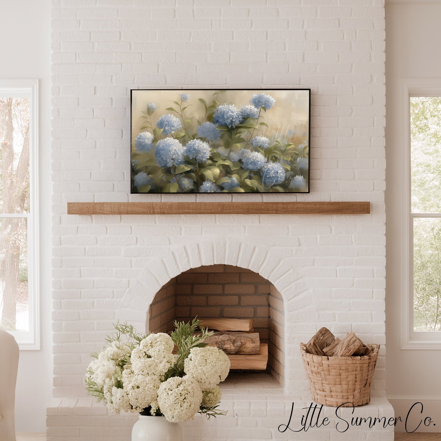 Blue Hydrangea Garden Blooms Frame TV Art displayed on a TV
