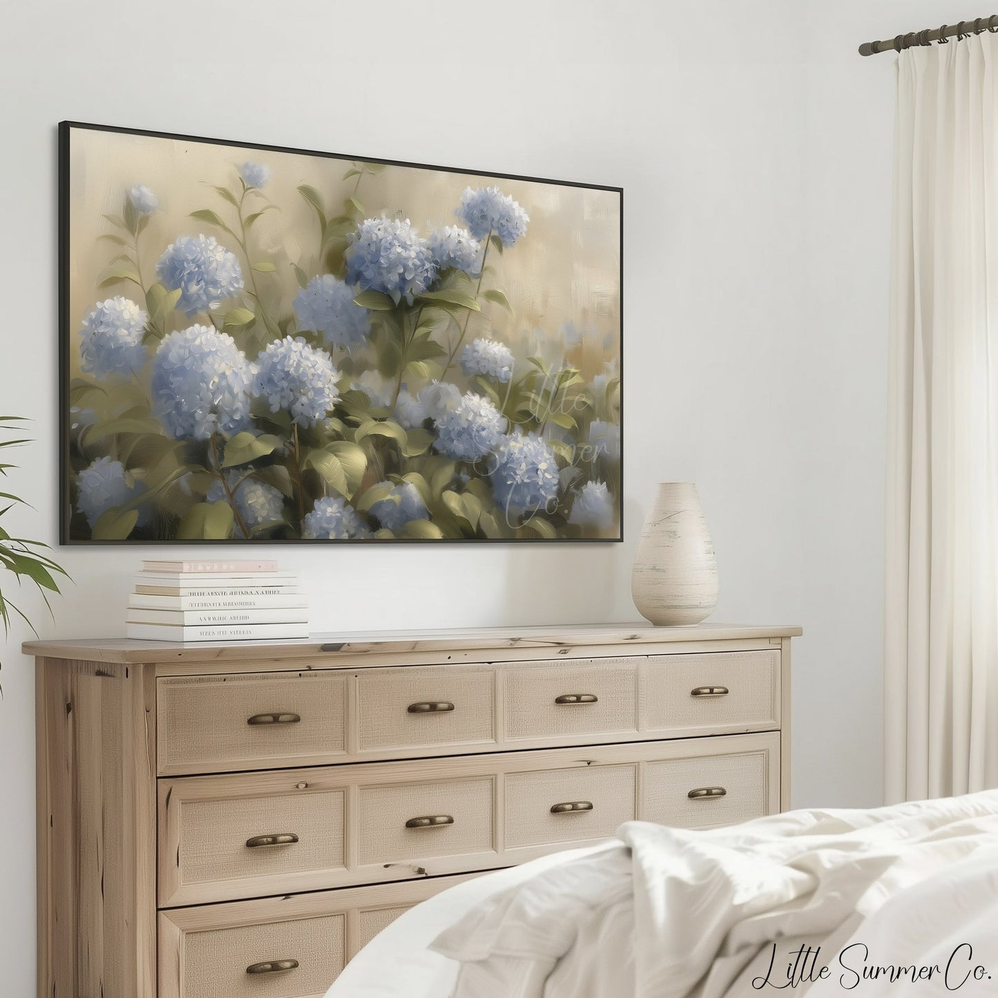 Blue Hydrangea Garden Blooms Frame TV Art displayed on a TV