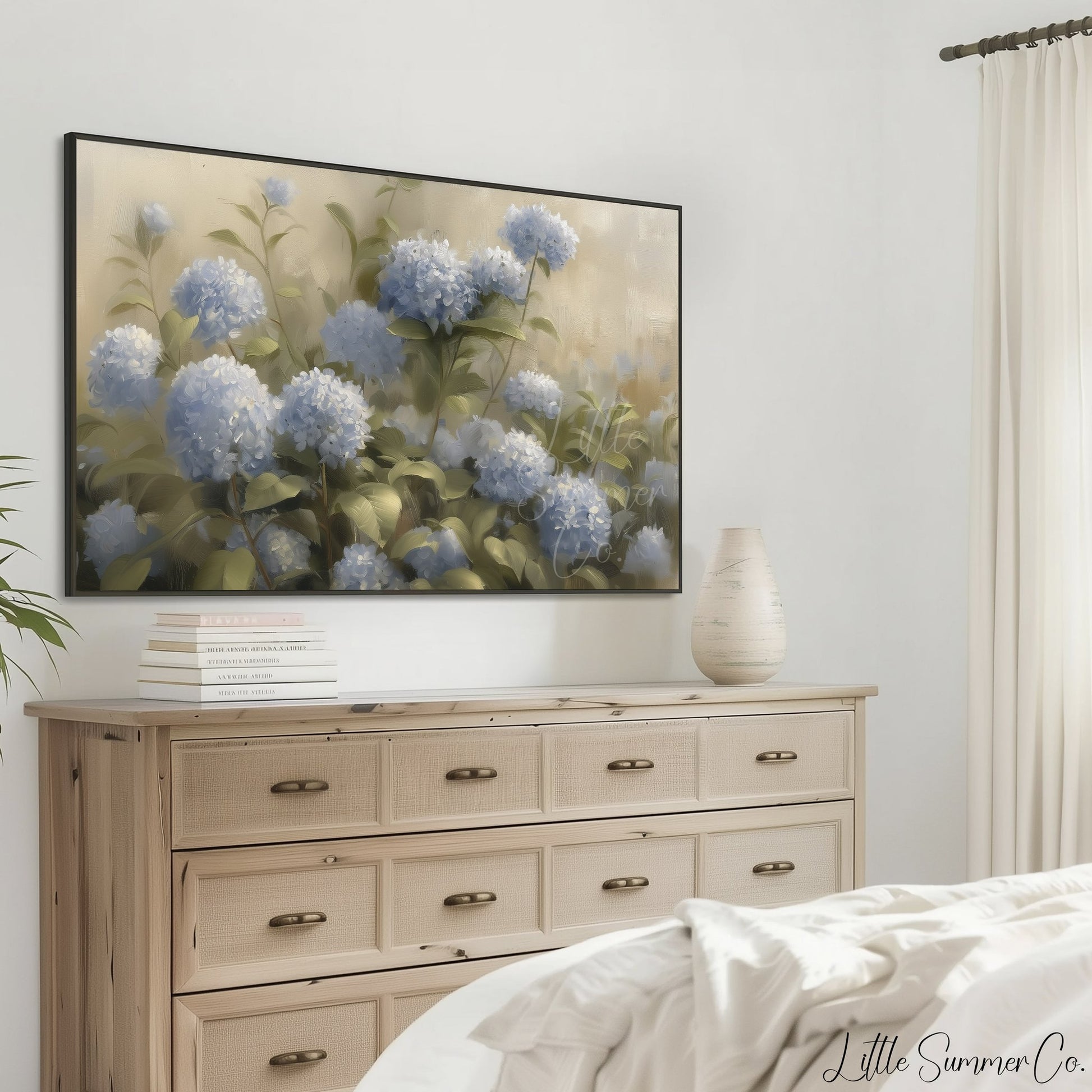 Blue Hydrangea Garden Blooms Frame TV Art displayed on a TV