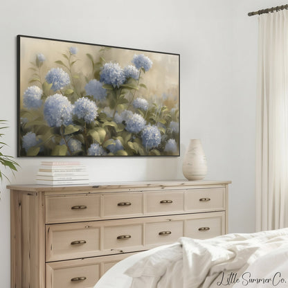 Blue Hydrangea Garden Blooms Frame TV Art displayed on a TV