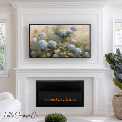 Blue Hydrangea Garden Blooms Frame TV Art displayed on a TV