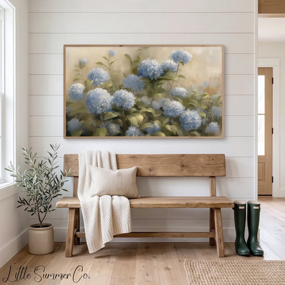 Blue Hydrangea Garden Blooms Frame TV Art displayed on a TV