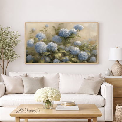 Blue Hydrangea Garden Blooms Frame TV Art displayed on a TV