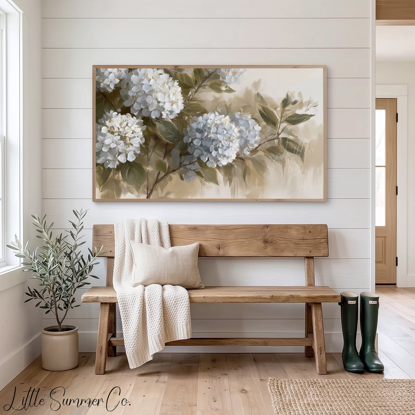 Hydrangea Blooms Frame TV Art displayed on a TV