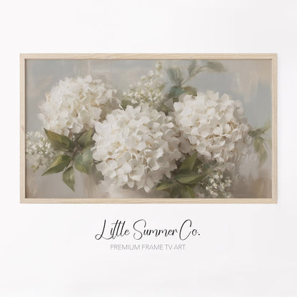 White Hydrangea Bouquet Frame TV Art displayed on a TV