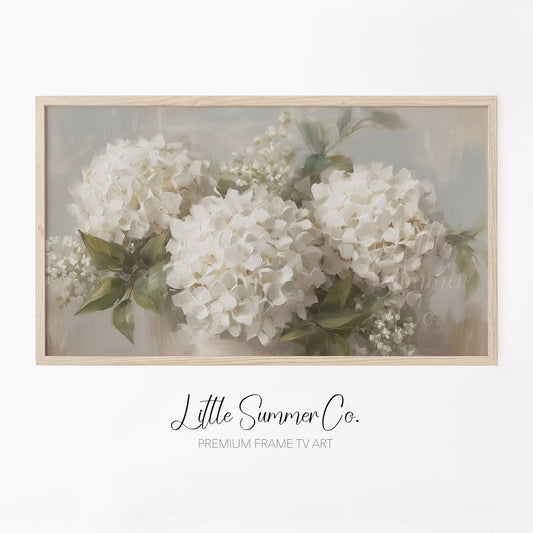 White Hydrangea Bouquet Frame TV Art displayed on a TV