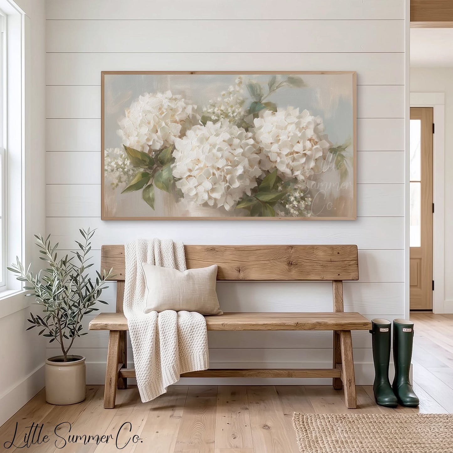 White Hydrangea Bouquet Frame TV Art displayed on a TV