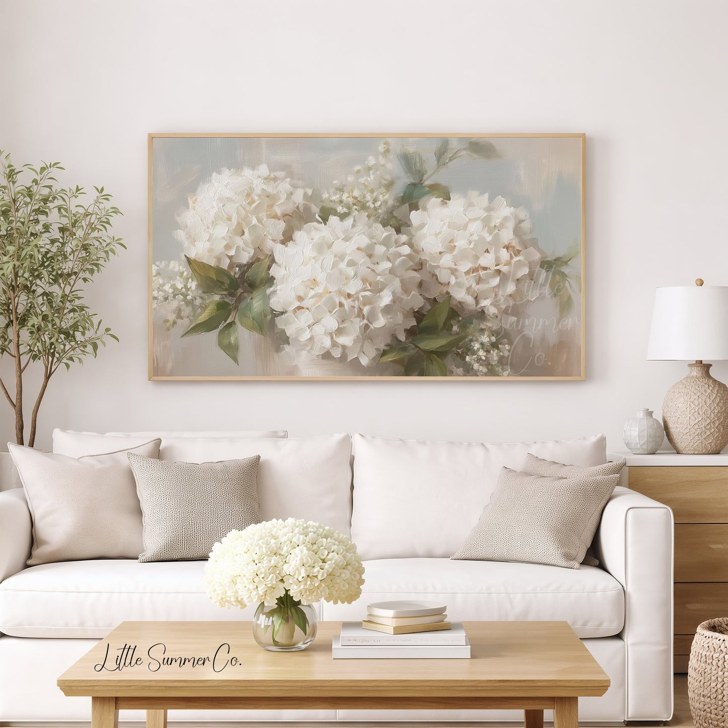 White Hydrangea Bouquet Frame TV Art displayed on a TV