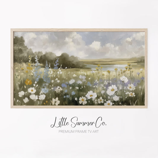 Wildflower Meadow Lake View Frame TV Art displayed on a TV