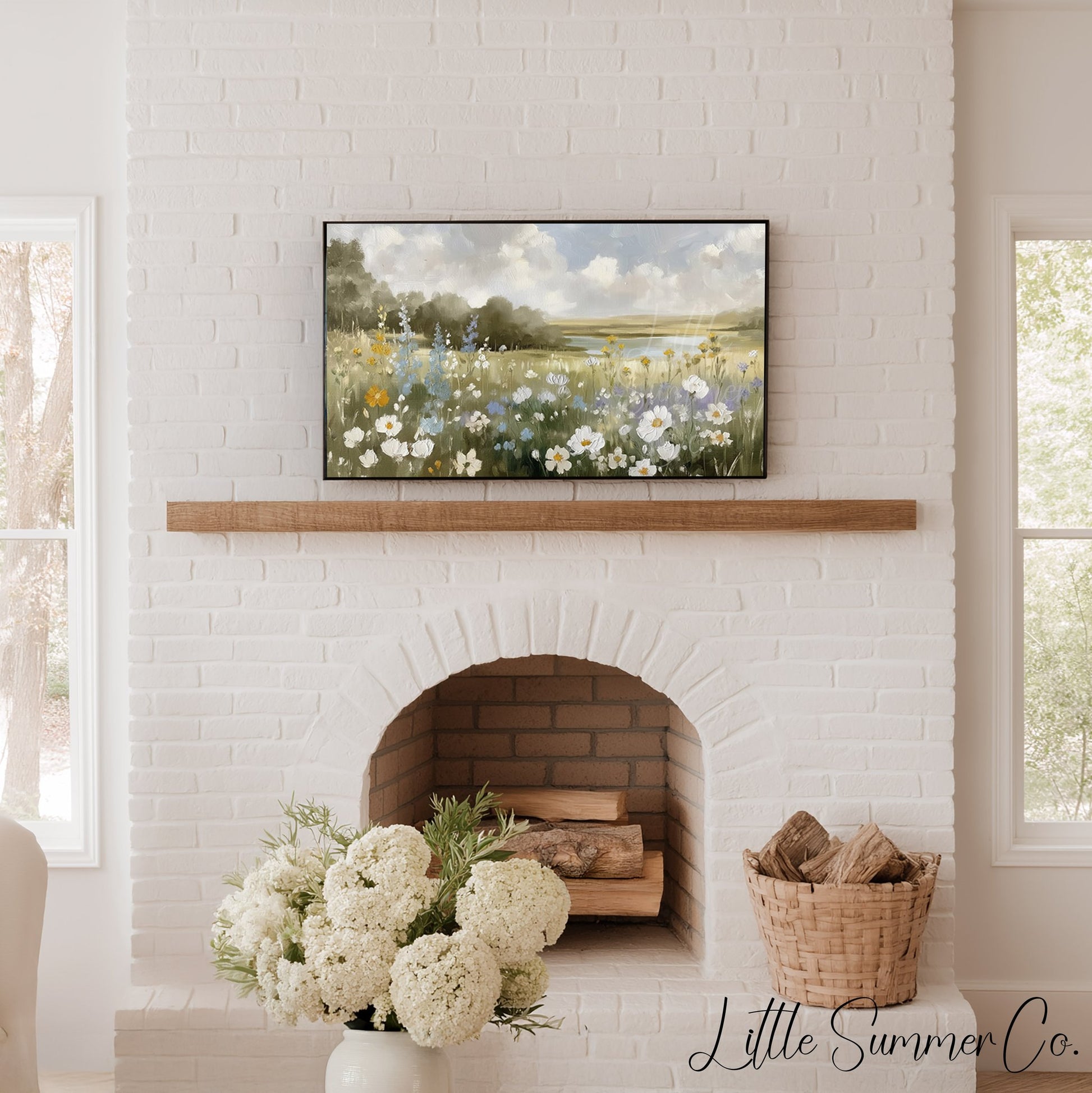 Wildflower Meadow Lake View Frame TV Art displayed on a TV