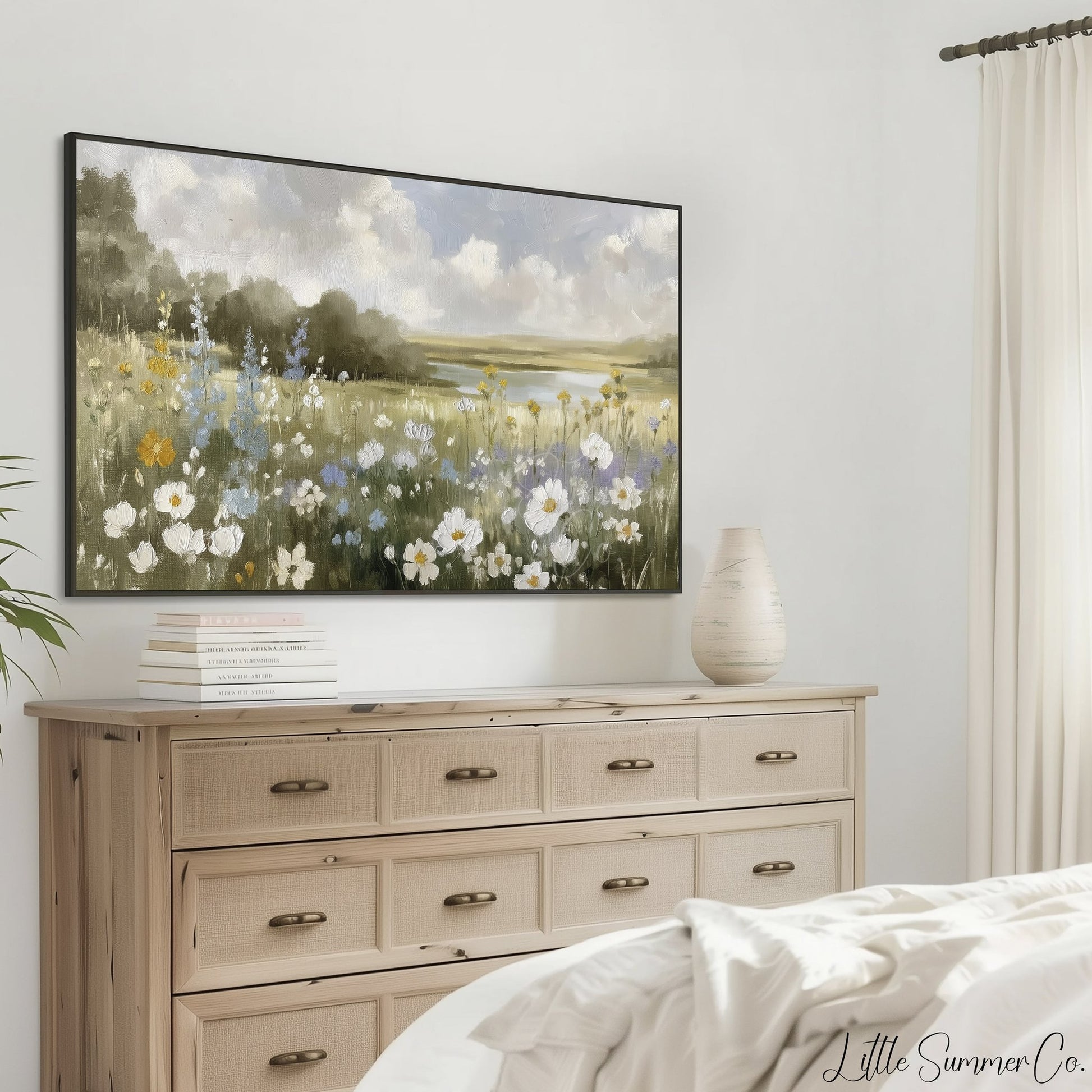 Wildflower Meadow Lake View Frame TV Art displayed on a TV
