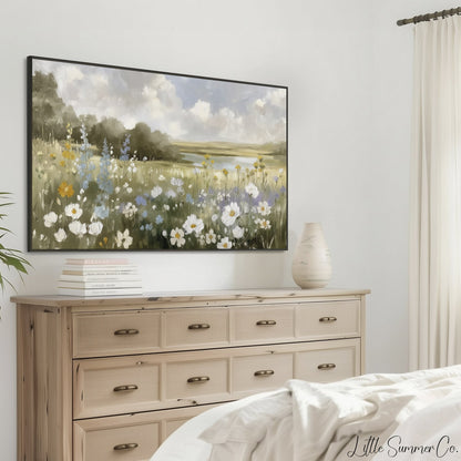 Wildflower Meadow Lake View Frame TV Art displayed on a TV