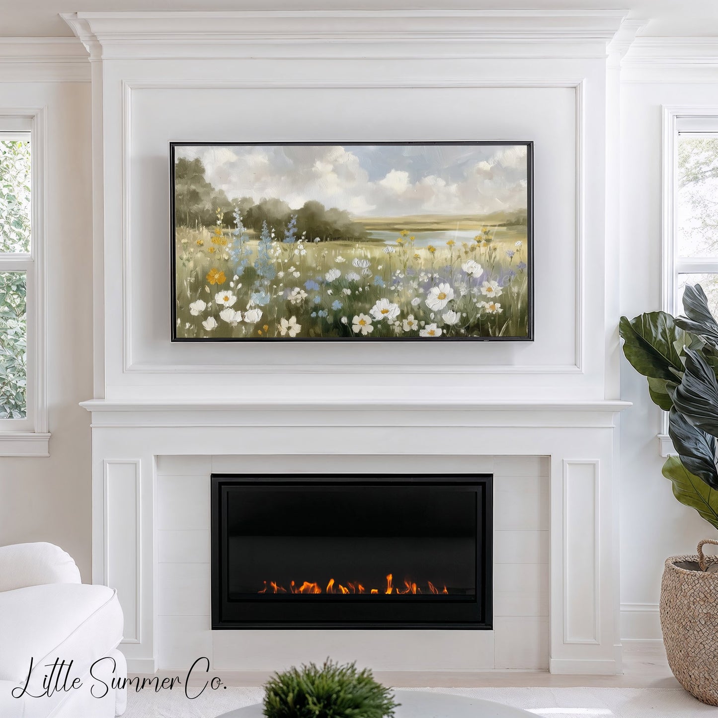 Wildflower Meadow Lake View Frame TV Art displayed on a TV