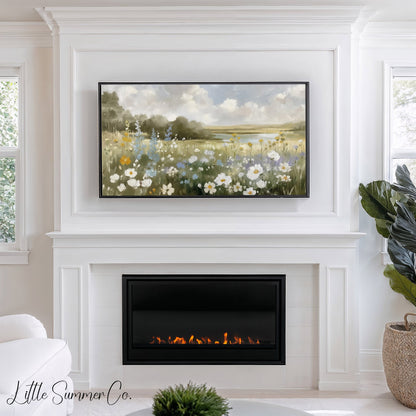 Wildflower Meadow Lake View Frame TV Art displayed on a TV