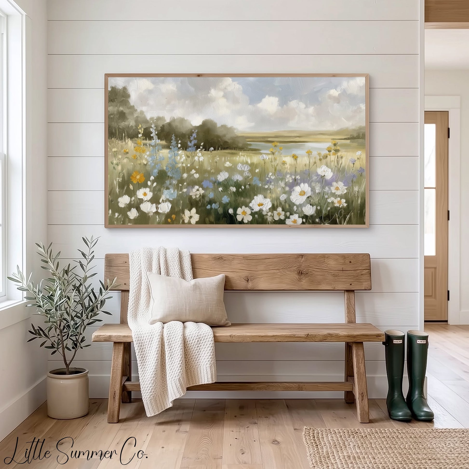 Wildflower Meadow Lake View Frame TV Art displayed on a TV