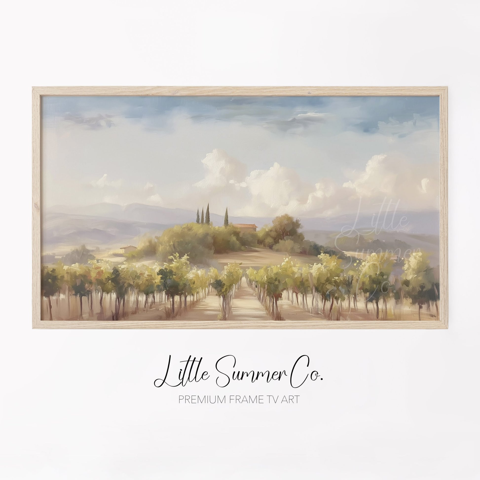 Tuscany Vineyard Farmhouse Hill Frame TV Art displayed on a TV