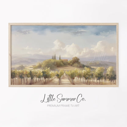 Tuscany Vineyard Farmhouse Hill Frame TV Art displayed on a TV