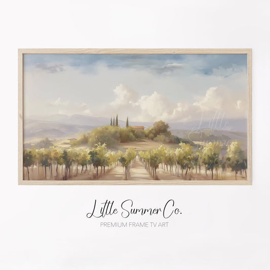 Tuscany Vineyard Farmhouse Hill Frame TV Art displayed on a TV