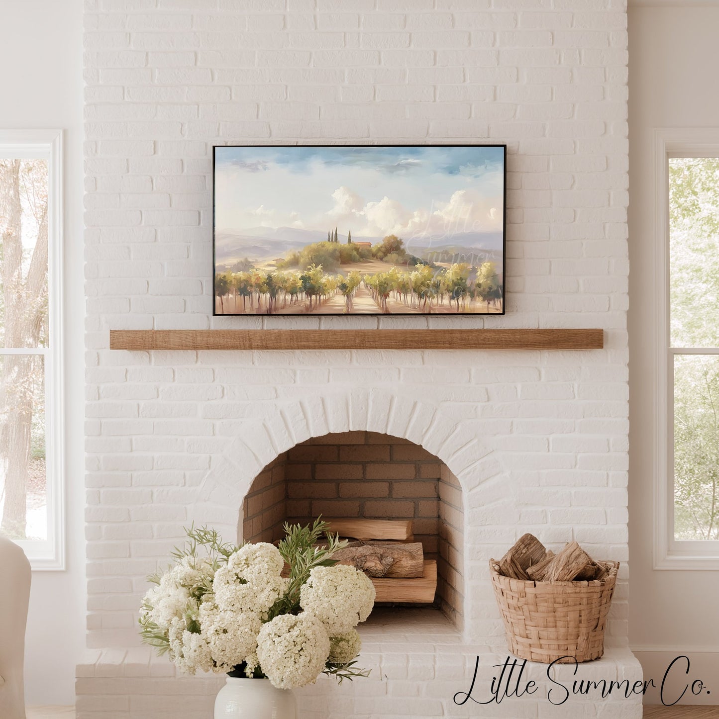 Tuscany Vineyard Farmhouse Hill Frame TV Art displayed on a TV