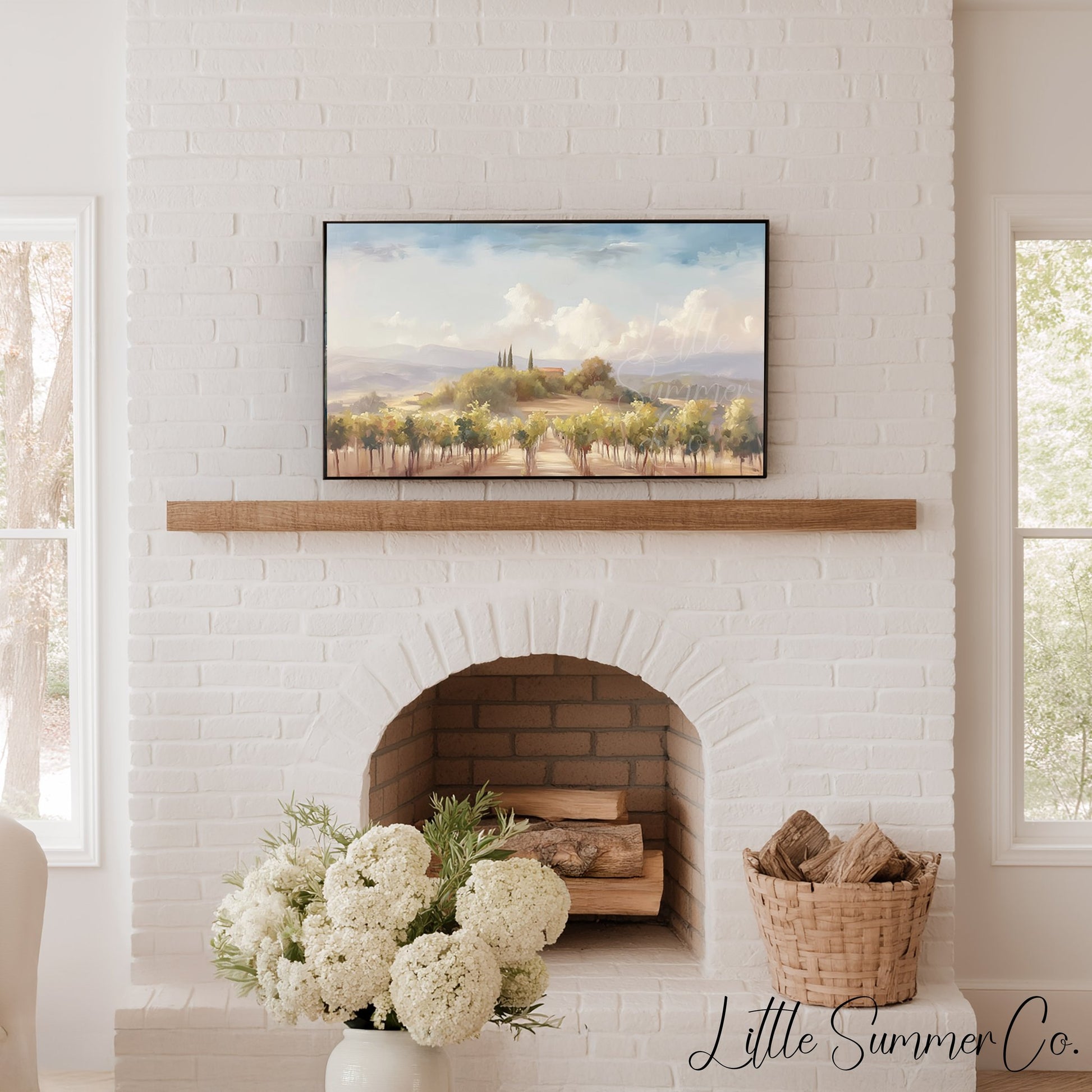Tuscany Vineyard Farmhouse Hill Frame TV Art displayed on a TV