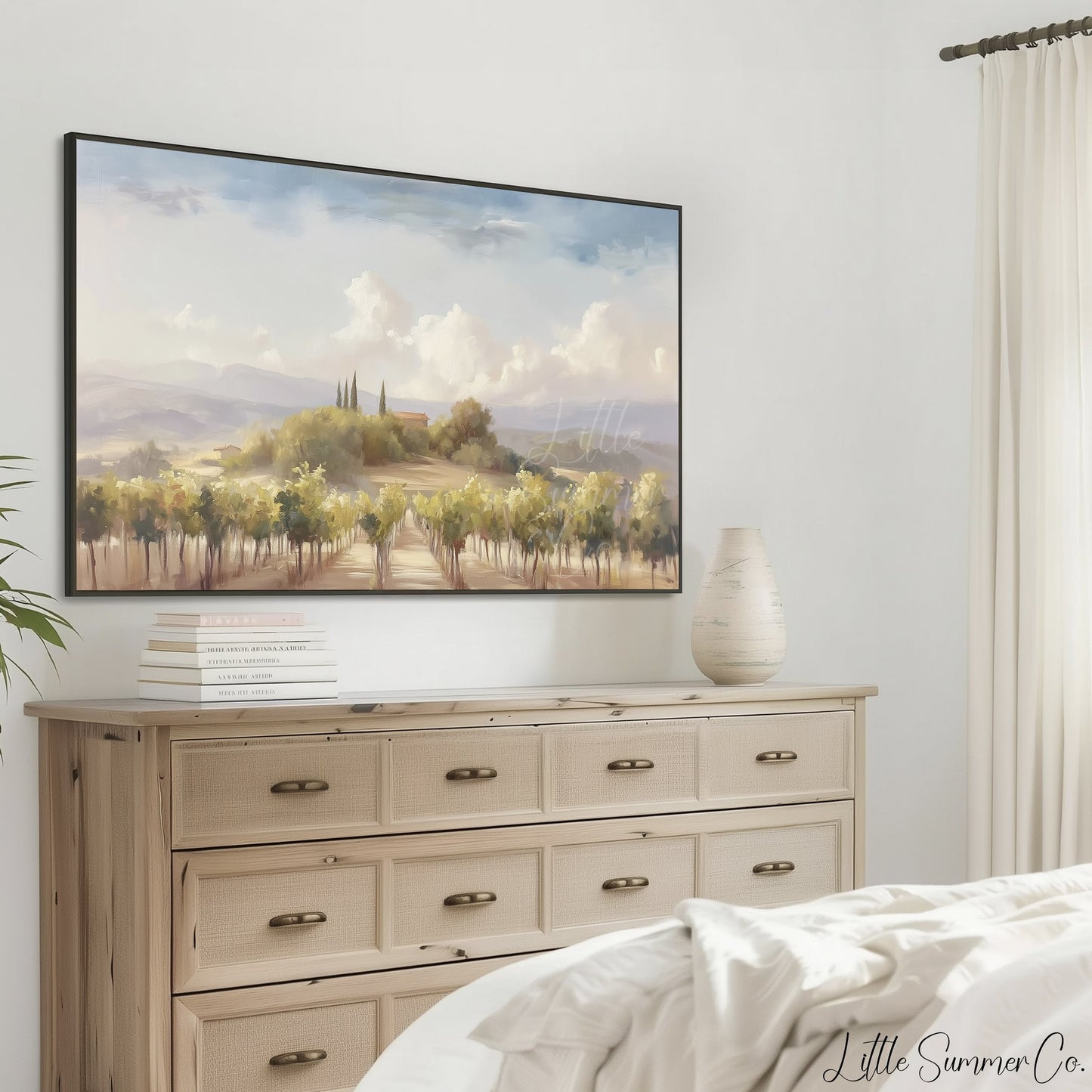 Tuscany Vineyard Farmhouse Hill Frame TV Art displayed on a TV
