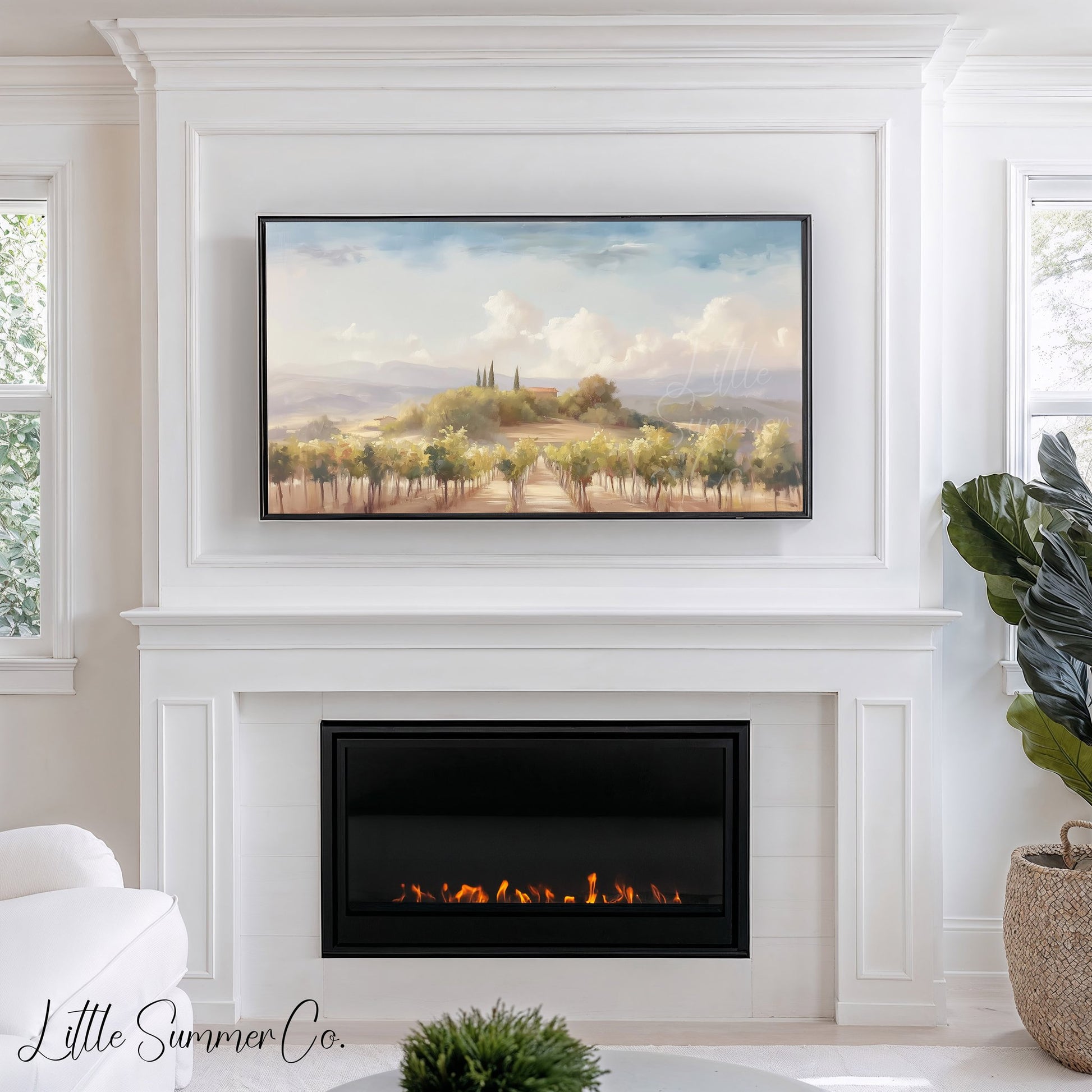 Tuscany Vineyard Farmhouse Hill Frame TV Art displayed on a TV