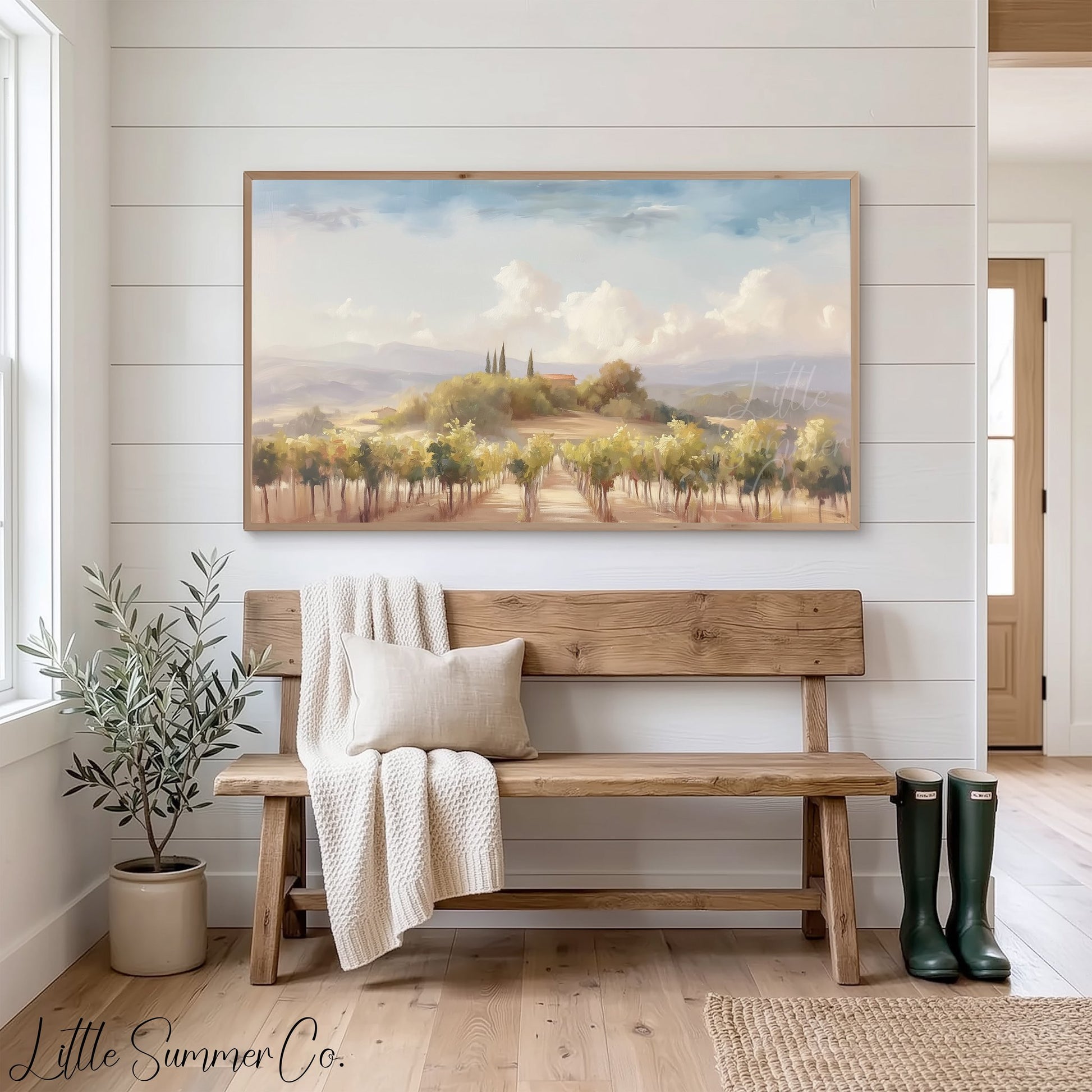 Tuscany Vineyard Farmhouse Hill Frame TV Art displayed on a TV