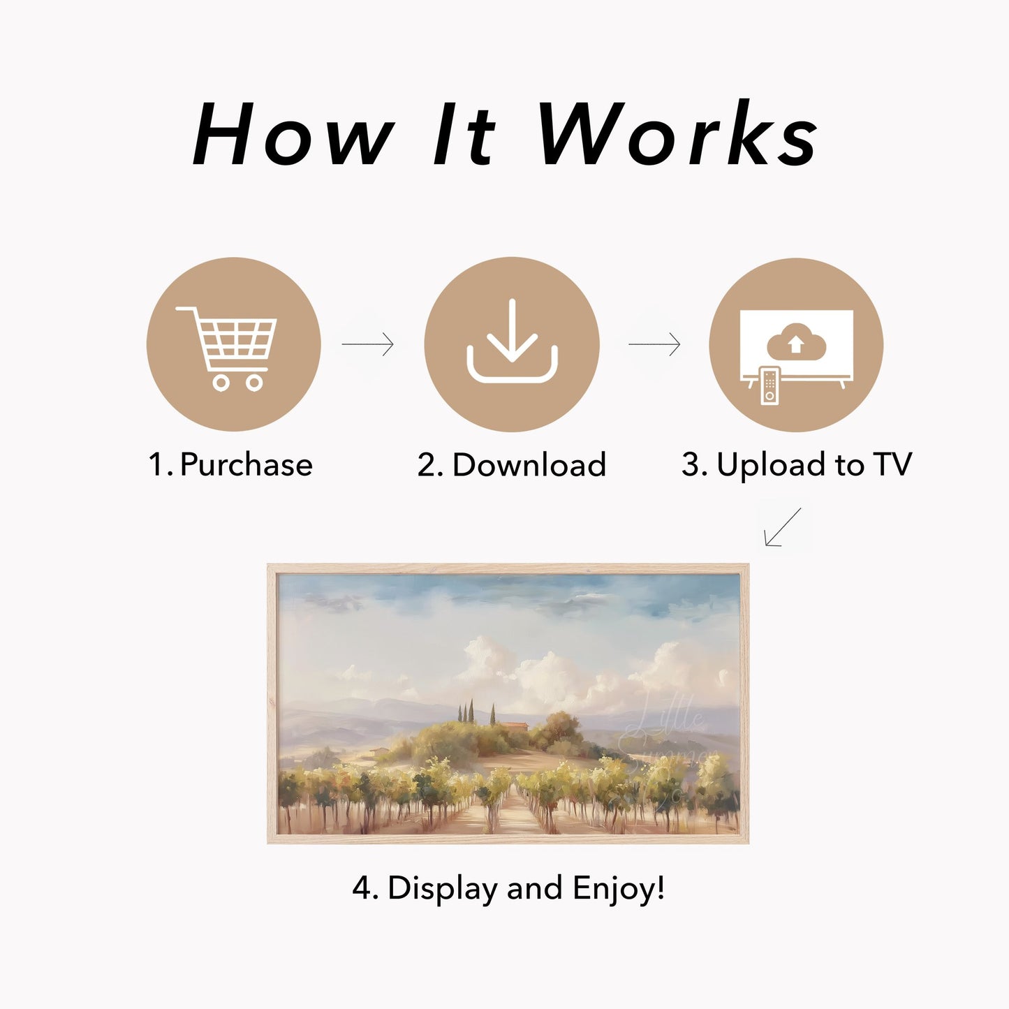 Tuscany Vineyard Farmhouse Hill Frame TV Art displayed on a TV