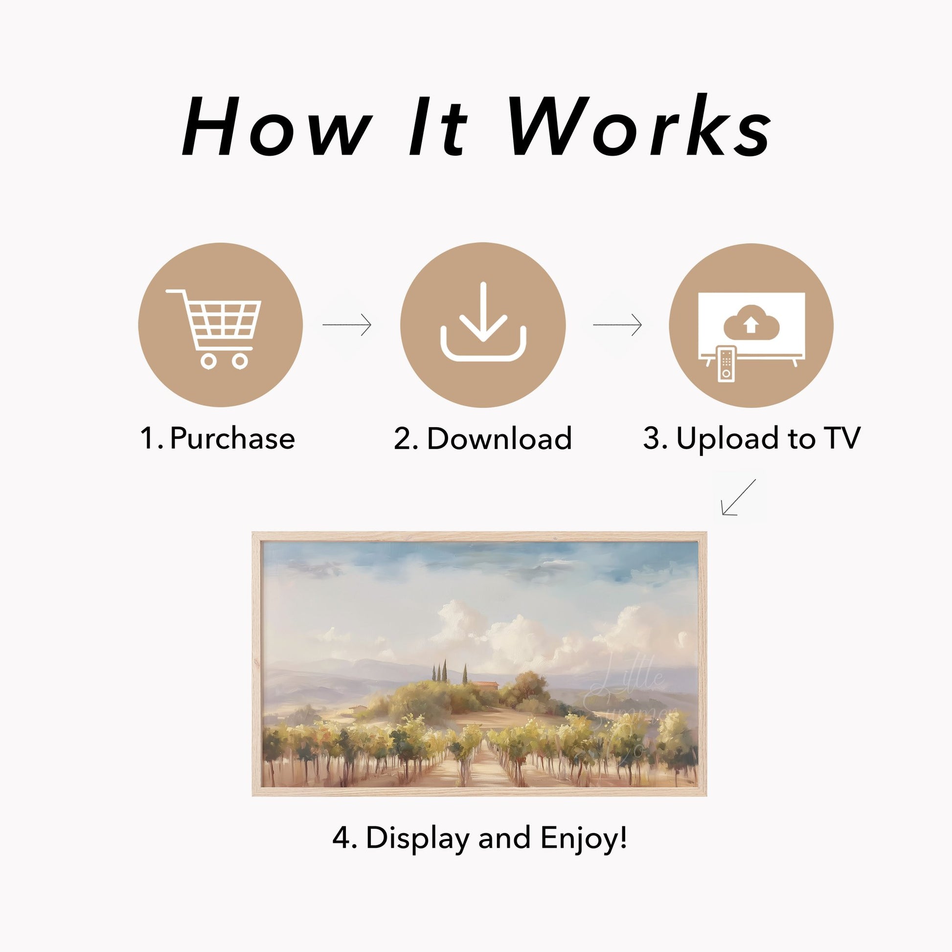 Tuscany Vineyard Farmhouse Hill Frame TV Art displayed on a TV