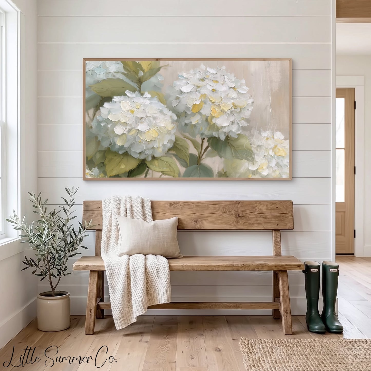 Cream Hydrangea Frame TV Art displayed on a TV