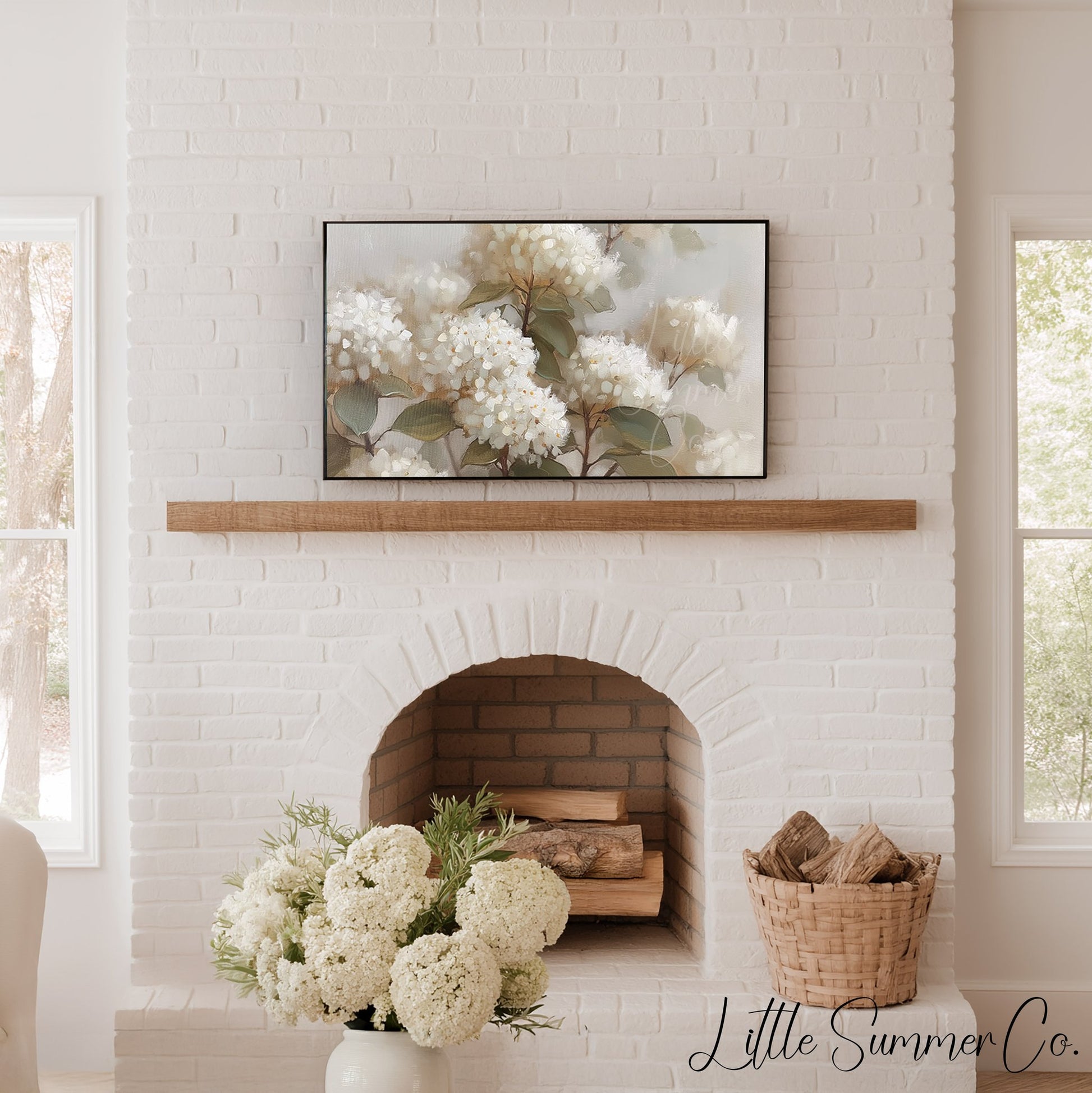 White Hydrangea Blooms Frame TV Art displayed on a TV