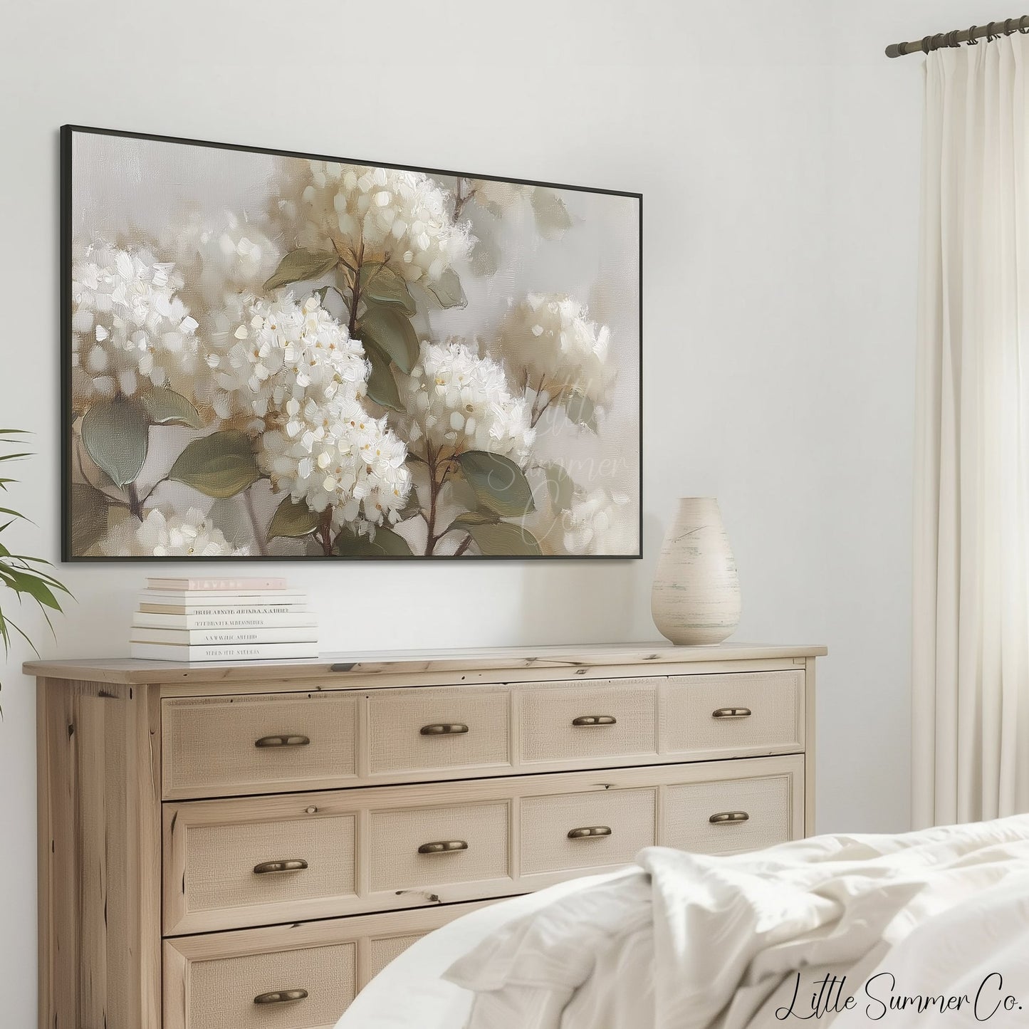 White Hydrangea Blooms Frame TV Art displayed on a TV