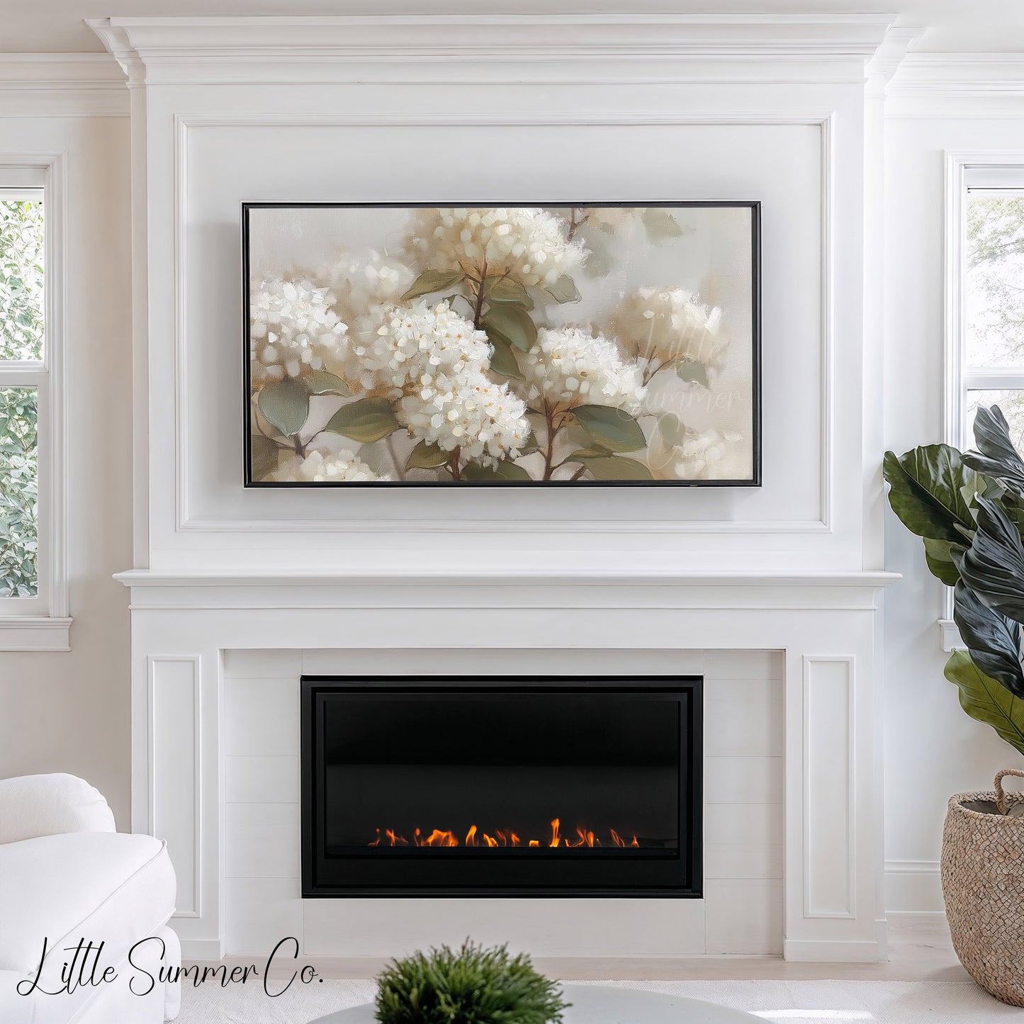 White Hydrangea Blooms Frame TV Art displayed on a TV