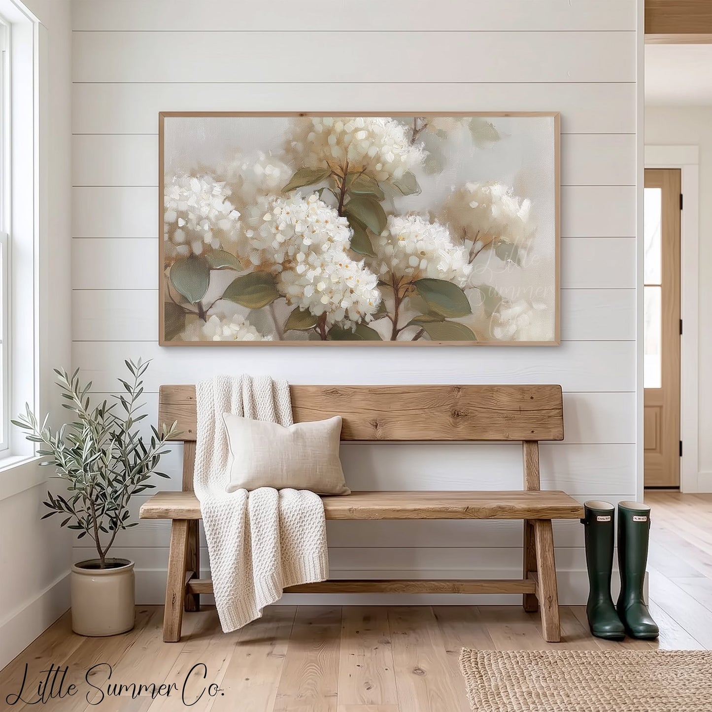White Hydrangea Blooms Frame TV Art displayed on a TV