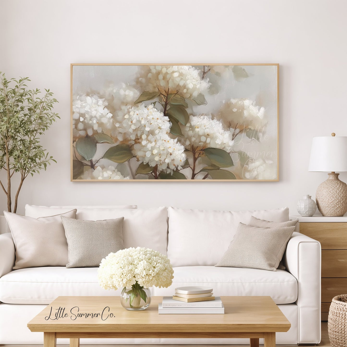 White Hydrangea Blooms Frame TV Art displayed on a TV